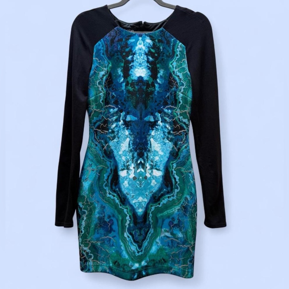 Bebe Turquoise Printed Mini Dress Size Small Sexy Y2K Style Clubwear Club Girl